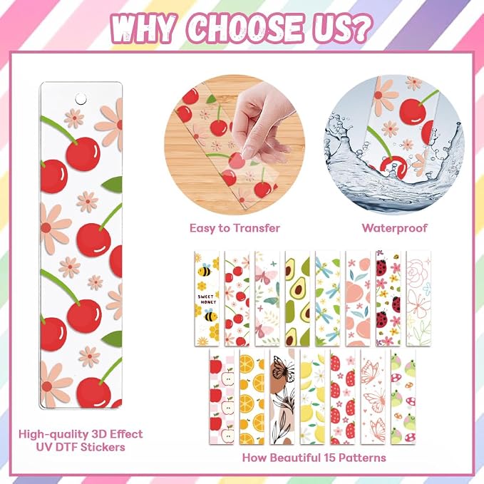 Peacoblue 30pcs UV DTF Bookmarks Transfer Stickers Wraps Fruit for Women Men Reading, Waterproof Bookmarkers Decal(No Blank Bookmarks) for Acrylic Plastic Metal Blank Bookmark