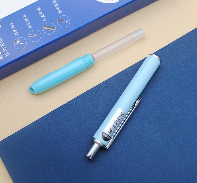OASO K016 Retractable Fountain Pen Set 0.5mm with 4pcs Blue Ink Cartridges Smooth Writing for School Students (Wave Blue)