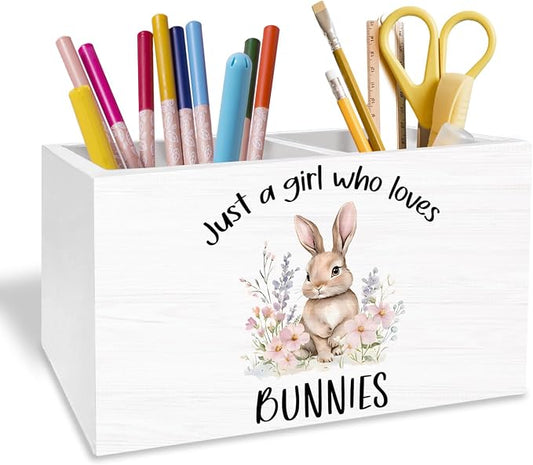 Floral Bunny Pen Holder for Desk, Rabbit Bunny Lovers Gifts Pencil Organizer, Just a Girl Who Loves Bunnies Wooden Box Sign Desk Decor for Home Office Decoration