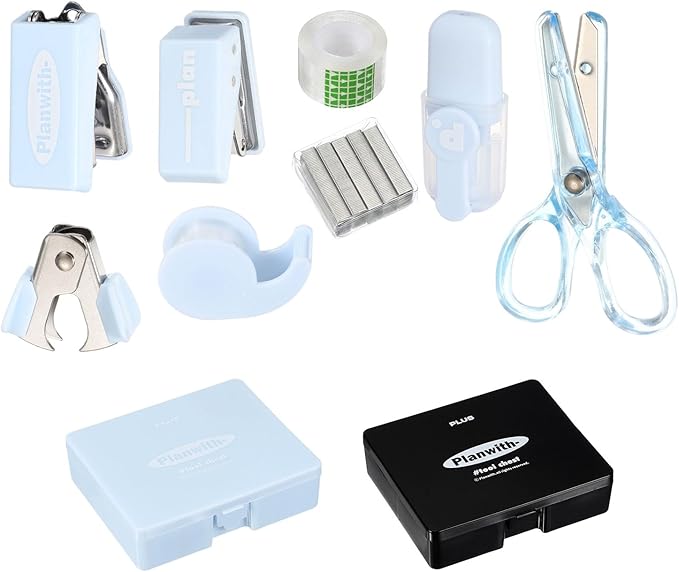 PATIKIL 2 Pack Office Supplies Set, 8pcs Desk Supplies Set Stapler Tape Dispenser Scissors Accessories Kit Mini Office Supply Kit Cute Small for Desk Women Organizer, Blue Black