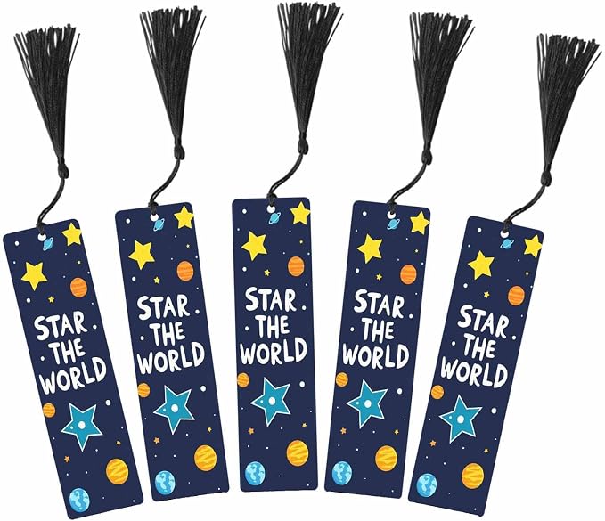 Space Planet Bookmarks Set 5 with Tassels Star The World Theme Wooden Bookmarks for Reading Women Men Students Teachers School Supplies