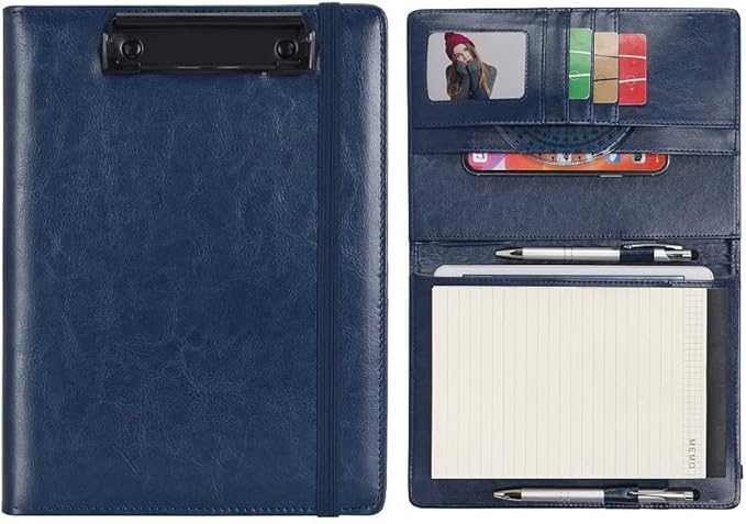 Wonderpool A5 PU Leather Clipboard Partfolio Recipe Binder Notepad Forms Holders Document Case - Interview Planner Meeting Writing Padfolio File for Office Travel School Hotel Restaurant (A5,Blue)