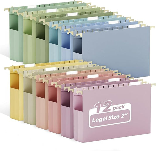 Ansook Legal Size Hanging File Folders, 12 Pack Plastic Legal Size File Folders with Tabs with Heavy Duty 2 Inch Expansion, Expandable Legal Hanging Folders for Office School Home Filling Cabniet