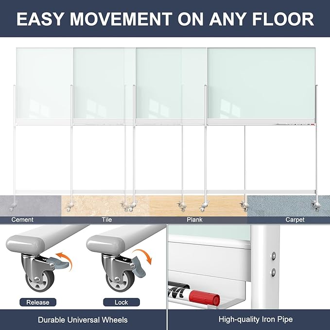 Tankee Rolling Whiteboard, 48x32 Inches Magnetic Glass Dry Erase Board with Stand, Standing White Board on Wheels, Large Glass Mobile Whiteboard for Office School Classroom Home Homeschooling