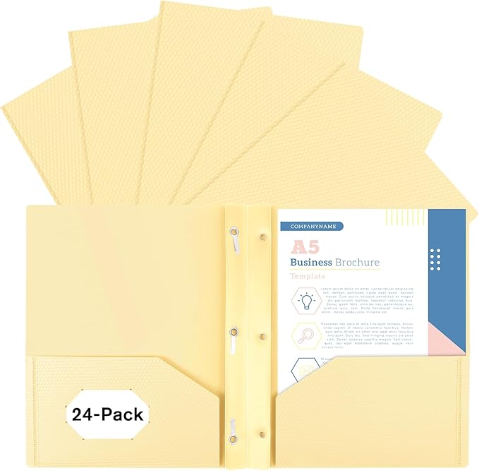 24-Pack Plastic andPockets and Prongs,2-Pocket and3 Fasteners, Pastel Folders Holds 8-1/2" x 11" Paper for School/Office/Home, Yellow