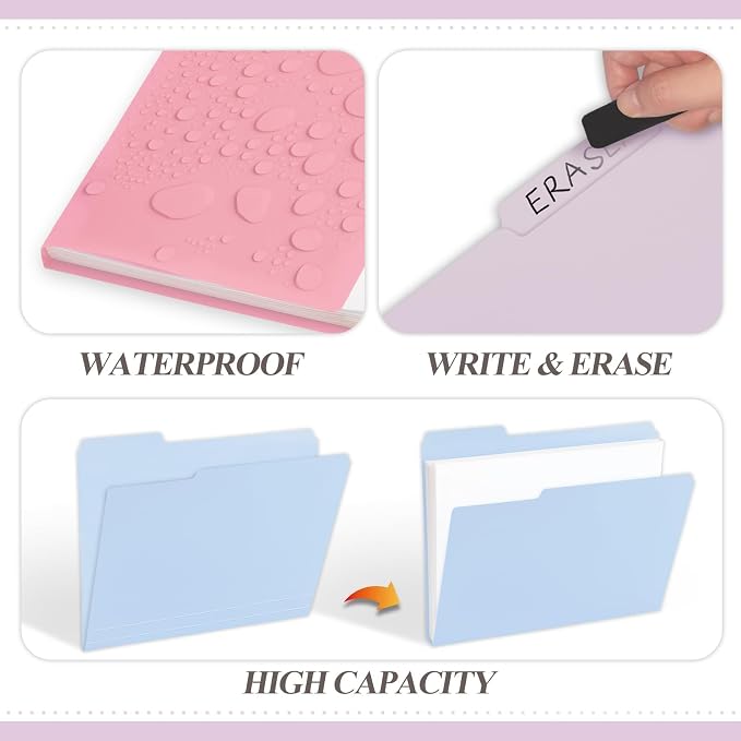 H4D 30 Pack Plastic File Folders Heavy Weight, Poly Colored File Folders 1/3-Cut Tabs with Sticky Labels, Letter Size, Pastel Colors