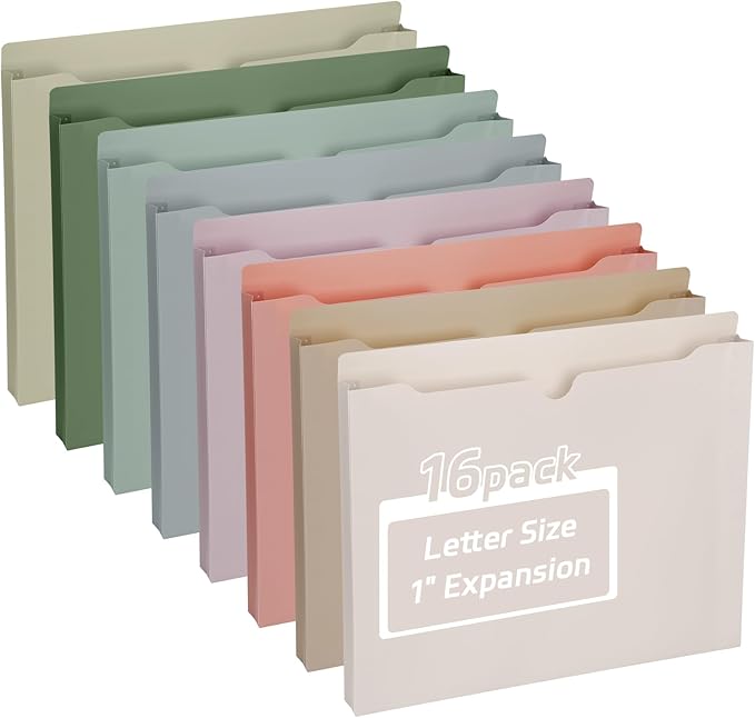gisgfim 16 Pack Plastic File Jackets Letter Size, 1 inch Expanding File Pockets Reinforced Heavy Duty File Folder Jackets for Office, School Document Organizer (Morandi)