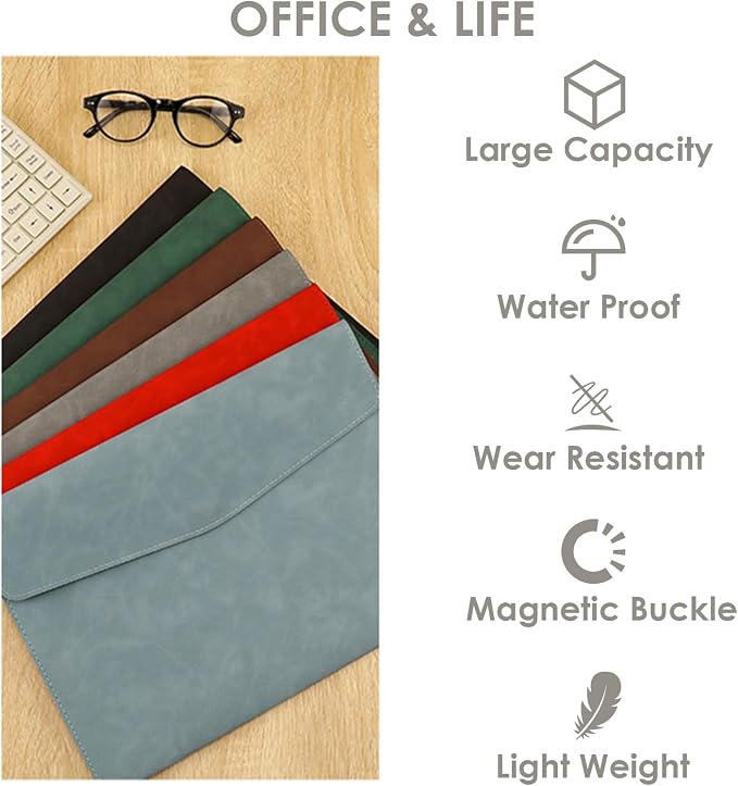 PU Leather Document File Folder,Thin A4 Folder Envelope File Organizer Storage Bag, Receipt Contract Case with Magnetic Closure (Grey)