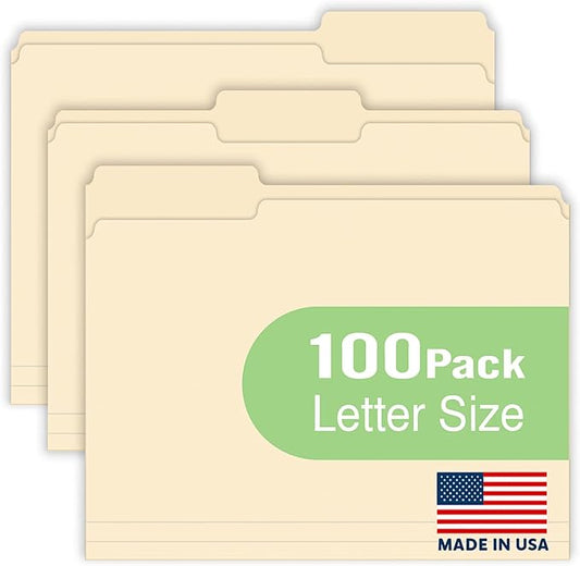 Woodlake Manila File Folders 8.5 x 11 Letter Size, 220gsm Paper Filing Folders with 1/3 Cut Tabs, 100 Pack Manila Folders for Office, School, Home, Business & Document Organization, Made in USA
