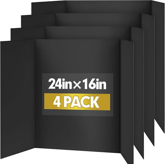 Trifold Poster Board,4 Pack 24" x 16" Black Corrugated Poster Boards,Display Board,Perfect for School Projects, Science Fairs, Event Displays, and Business Presentations