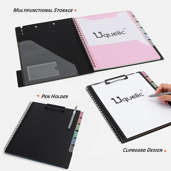 Uquelic Clipboard with Folder Organizer, 12 Pockets Project Organizer - Refillable Lined Notepad (11" x 8.5"), Hardcover Project Organizer with Stay-Put Tabs (Macaron 1 Pack)