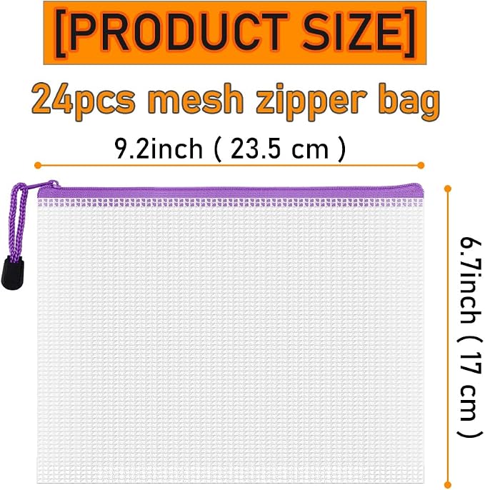 D-KINGCHY 24Pcs Zipper Storage Bags, Plastic Mesh Zippered Pouch for Organization, Waterproof Versatile Bags for Office Supplies School Travel (A5 Size 9.2''x6.7'', Assorted Color Zipper)