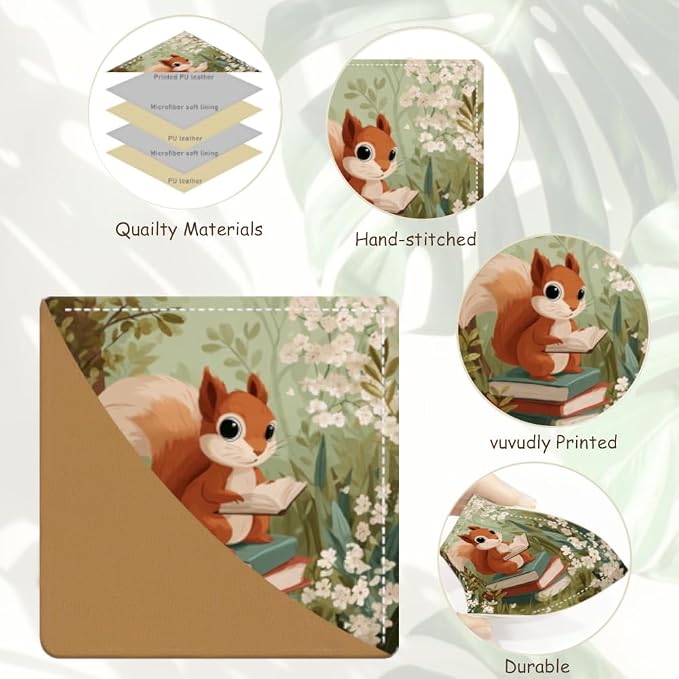 2PCS PU Leather Bookmarks 3.5x3.5 Inch Squirrel Floral Reading Design | PU leather bookmarks with squirrel floral reading design for story books, journals, study notes, young readers and book fans