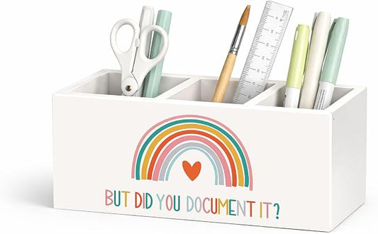 But Did You Document It? Pen Holder, Motivational Desk Organizer, 3 Compartments Wooden Pencil Caddy for Office, Home, Classroom