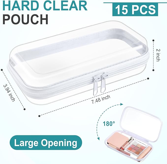 15 Pcs Clear Hard Shell Zipper Case Plastic Bins Transparent Double Zippers Hard Pouch Clear Plastic Storage Box Containers for Building Blocks Cosmetics, Puzzles(7.5 x 4 Inches)
