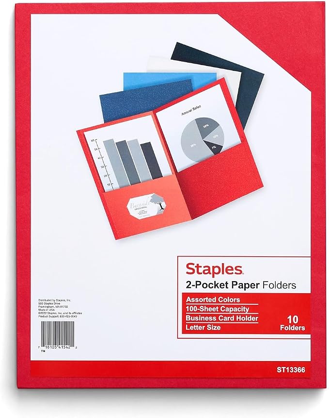 Staples Assorted 2‑Pocket Folders, Letter Size, Durable Paper with Business Card Holder, Eco‑Friendly – 10/Pack
