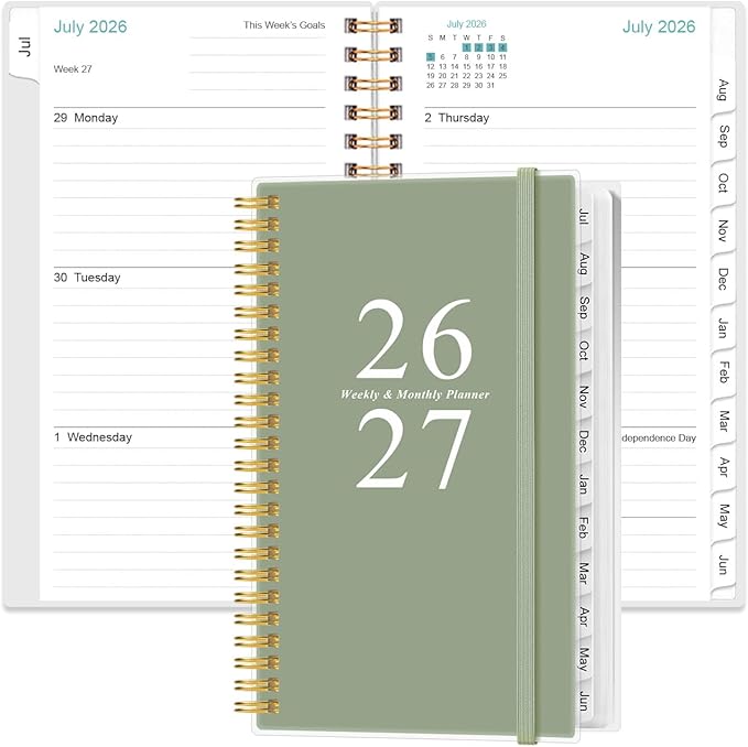 2026-2027 Pocket Planner/Calendar - 2026-2027 Planner from July 2026 - June 2027, Planner 26-27 with 12 Tabs, Twin-Wire Binding, Inner Pocket, 3.75" x 6.75, Green