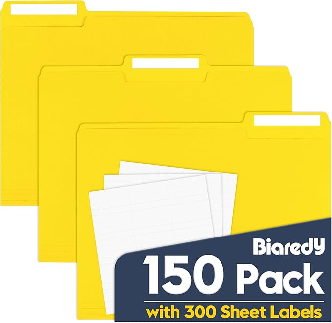 File Folders,Colored File Folders Letter Size 8.5" x 11",150 Pack 1/3 Cut Tab Bulk Folders,Durable Paper Folders with Blank Labels for Office Business School Home Use,Lemon Yellow