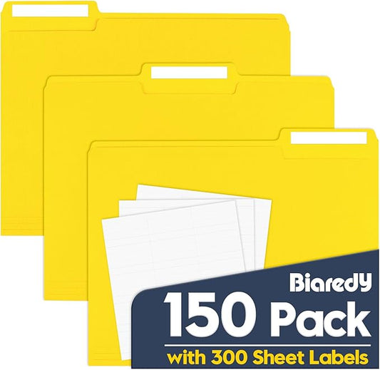 File Folders,Colored File Folders Letter Size 8.5" x 11",150 Pack 1/3 Cut Tab Bulk Folders,Durable Paper Folders with Blank Labels for Office Business School Home Use,Lemon Yellow