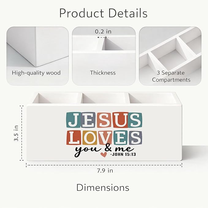 Jesus Loves You & Me Wooden Desk Organizer | Christian Faith Pen Pencil Holder, 3-Compartment Decorative Office Supply Storage Box for Desk, Home Office