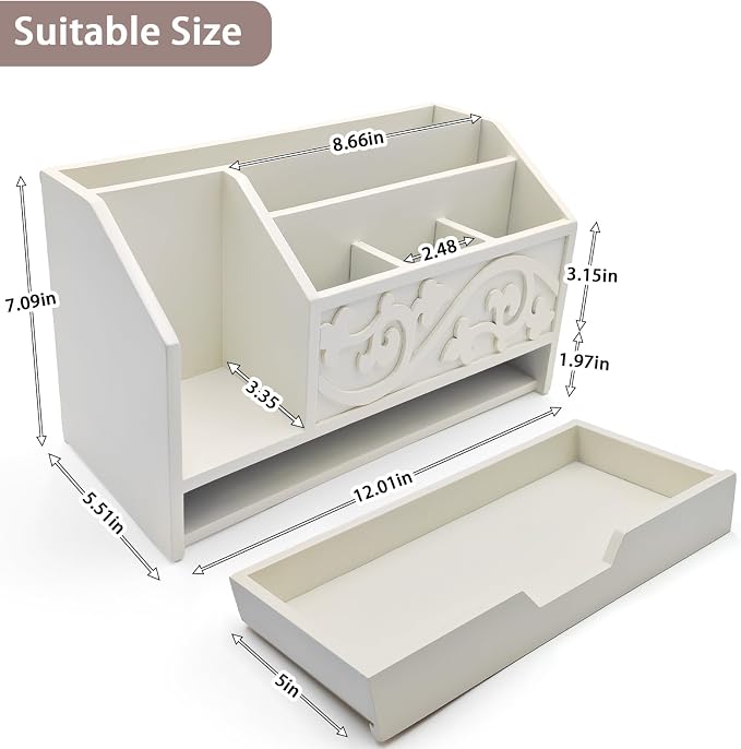 White Wooden Mail Organizer with Drawer, Three Tiered Desk Accessories for Office Organization and Storage, Stylish Countertop Document Storage, Home/Office/Classroom Supplies (White01)