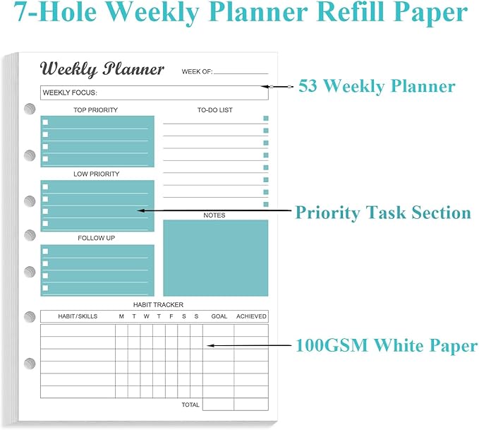 7-Hole Weekly Planner Refills for Mini Binders - 53 Sheets/106 Pages Weekly Planner Paper, 100 gsm White Paper, Lasts 1 Year, Undated, 5.8" x 8.3", Teal