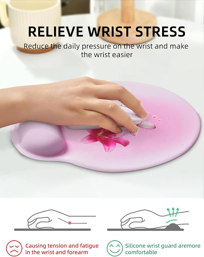 Lily Floral Mouse Pad Wrist Support Wrist Rest, Flower Ergonomic Mouse Pad with Non-Slip Base for Office Gaming Working Computers,Desk Accessories Pain Relief Mouse Mat, White