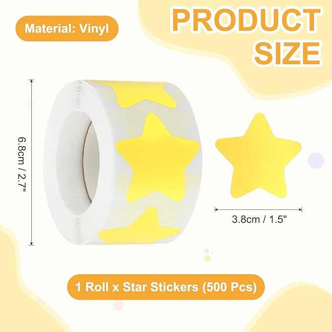 PATIKIL Star Stickers Roll 1.5", 500 Pcs Self-Adhesive Reward Stickers for Classroom Teacher Supplies and DIY Craft, Yellow