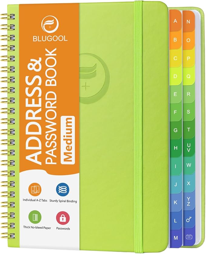 Address Book with Alphabetical Tabs-Address and Password Book for Seniors - Hardcover Spiral Bound Phone Book- Record Contacts,Website Login Passwords, Special Days -5.7" x 7.7", Grass Green