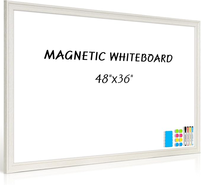 Large White Board for Wall, 46.5''x34.7'' Magnetic Dry Erase Board, 4'x3' Decorative Whiteboard with White Vintage Wooden Frame, Hanging Writing Board for Home Office School Classroom
