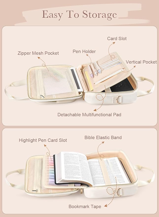 Bible Cover Case for Women, Large Bible Bag with Study Supplies & Shoulder Strap, White Travel Bible Case for Girls, Book Carrying Case with Tabs Ideal Christian Gifts for Women Friends