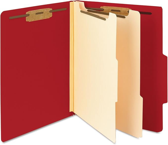 Smead Classification Folder with Prongs, 2 Dividers, 2" Fasteners, Letter Size, for Documents Organization, Durable File Organizer for Home, School or Office, Red (14003)