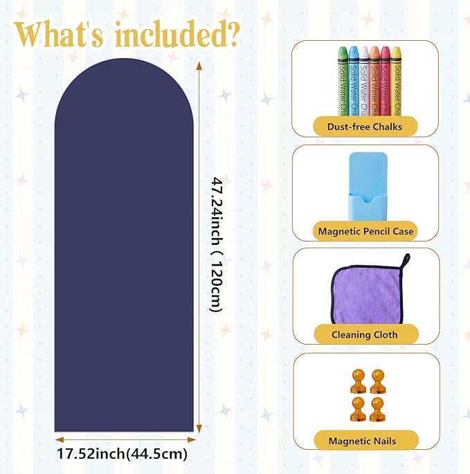 Arch Magnetic Wall Decal 47.24" x 17.52", Magnet Chalkboard for Wall, Magnetic Chalk Board Sticker, Chalk Wallpaper Peel and Stick for Playroom Classroom with Chalks, Wiping Cloth (Navy Blue)