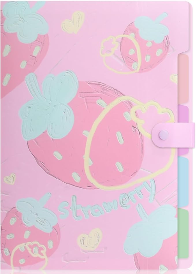 Cute Expanding File Folder Fruit Series - 5 Pockets Accordion Document Organizer, Waterproof Poly Plastic, A4/Letter Size for School Office Home (Strawberry)