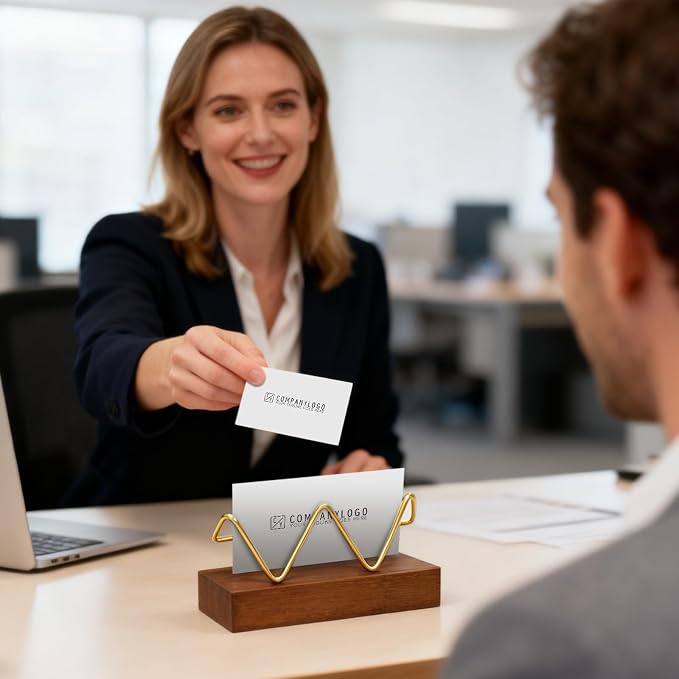 2 Pack Wood Business Card Holder for Desk, Wooden Business Name Card Display Stand Postcard Holder for Office Home Desktop,Desk Accessory Business Name Card Organizer(Walnut Color, Golden)