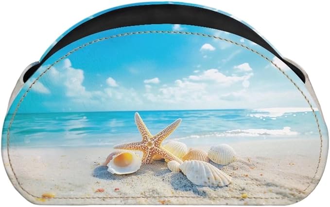 Forchrinse Blue Sky Hawaii Starfish Leather TV Remote Control Holder with 5 Compartments,Desktop Media Player Remote Caddy Storage Box Organizer Non Slip