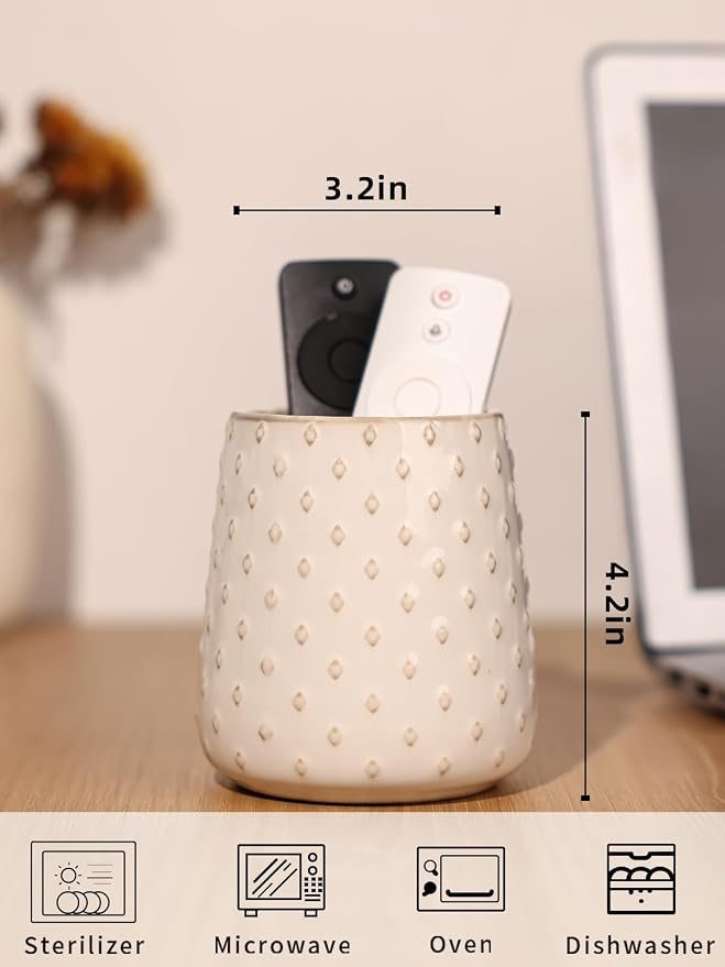GDCZ Ceramic Remote Control Holder, Remote Caddy Organizer Storage, Remote Organizer for Table, TV Remote Holder, Makeup Brush Pen Holder, 4.2" (White)
