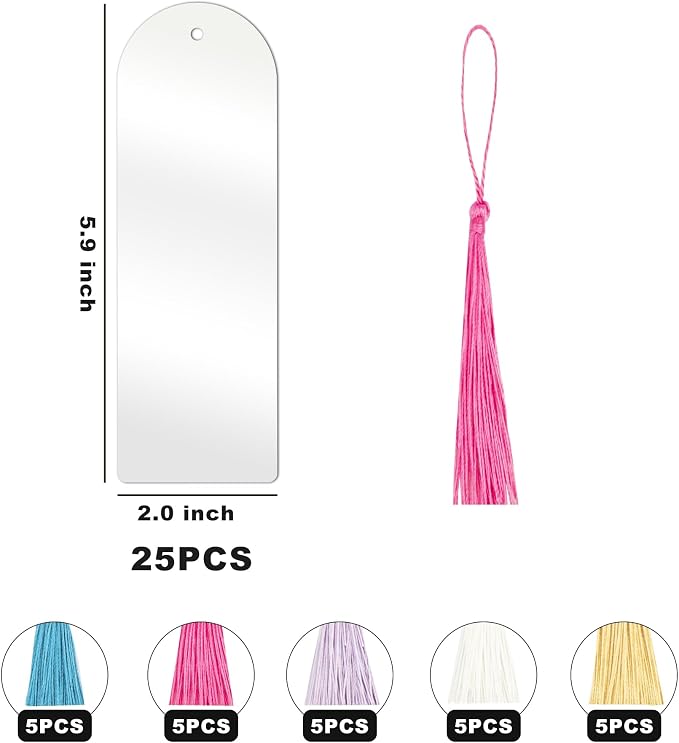 Acrylic Bookmarks Blanks Bulk 50PCS Semicircle Clear Bookmark Plastic Blank 25 Sets with 5 Color Tassels for Vinyl DIY Craft (5.9 * 2.0 inch)