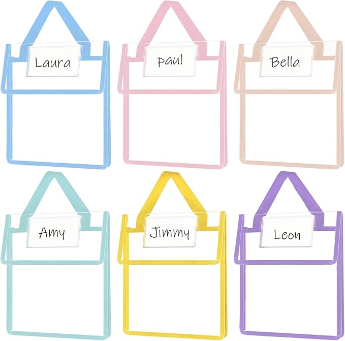 Teling 6 Pack Thick Clear Book Pouches with Blank Name Tags and Handles Book Baggies Bags Bins Organizer for School Classroom Library Pockets Students (10 x 12 Inch,Pastel Color)