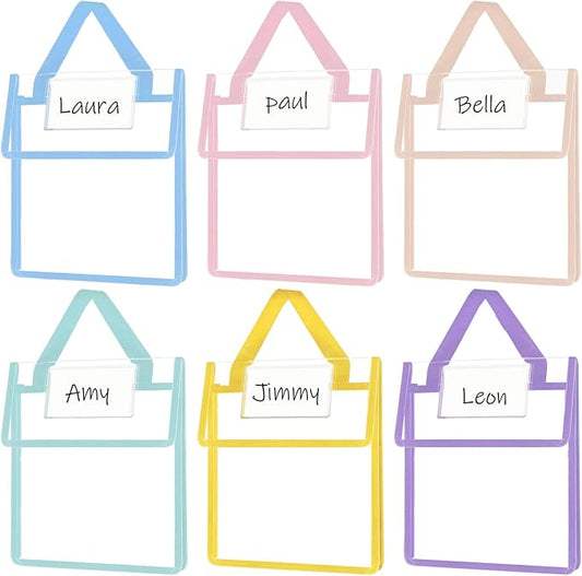 Teling 6 Pack 10 x 12 Inch Clear Book Pouches with Handles and Name Tags, Heavy Duty Reusable Library Book Bags for Classroom, Students Kids and Teacher Supplies (Pastel Color)