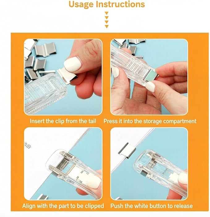 Portable Binder Clip Stapler with 100 Refill Clips,Handheld Paper Clamp Dispenser for Desktop/Document, No-Hole Binding, Home/School/Office Use (Trans,B)