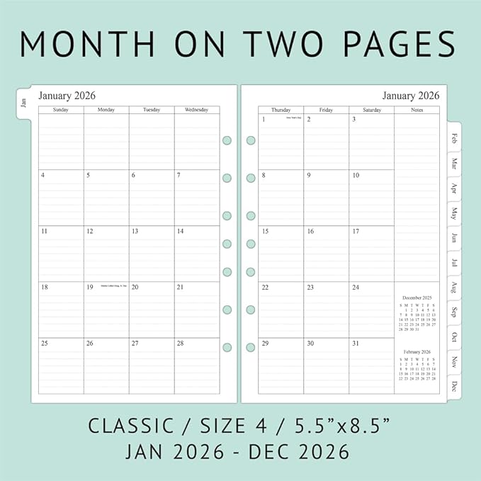 newestor 2026 Monthly Planner Refills 5.5" x 8.5" for Mini Binder, 12 Months from Jan 2026 to Dec 2026, Desk Size