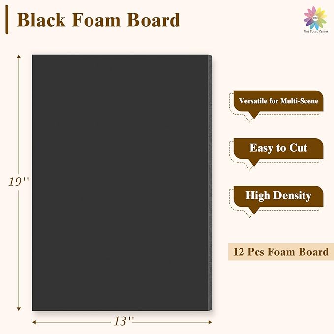 Mat Board Center, 12 Pack 13x19 Black Foam Boards, Acid Free Foam Core Board, 1/8 inch Thick
