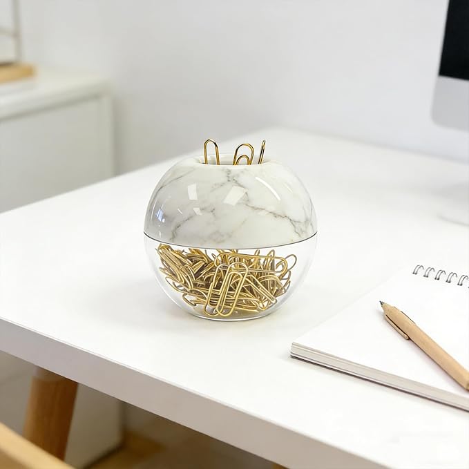 NatSumeBasics Marble Paper Clip Holder Magnetic Cute Paper Clips Dispenser with 100 Gold Paperclips for Desk Organizer Accessories Supplies (Marble)