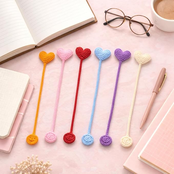 6 Pack Heart Shaped Crochet Bookmarks,Handmade Knitted Heart Shaped Book Marker for Women Personalized Book Marks for Reading Men, Book Lover Teacher Kids Birthday Gift,Cute Unique Bookmarks