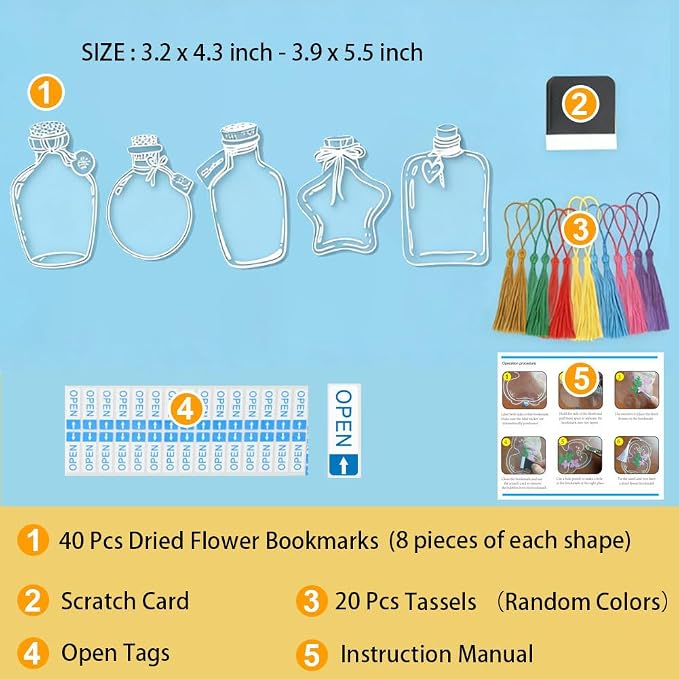 YCOSAN 62 Pcs Dried Flower Bookmark Kit, DIY Transparent Thousand Flower Bookmarks, Handmade Clear Bookmark Page