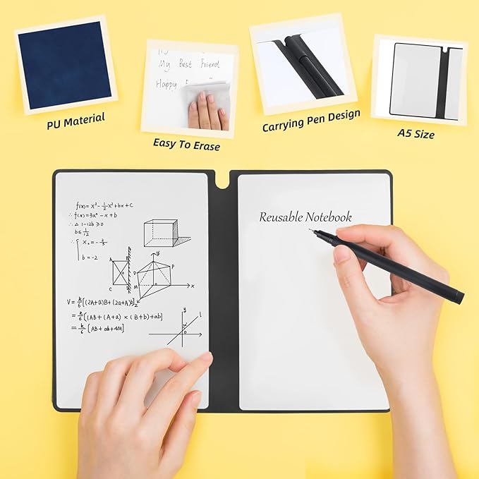 Reusable A5 Dry Erase Notebook Include a Wipeable Pen and Rag,9.4x6.5 Inch Erasable Notebook Whiteboard Notebook,Wipeable Notebook PU Hardcover for Office and Taking NotesBlue