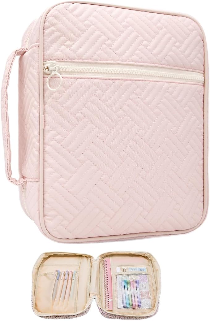 Bible Cover Case For Women,Large Bible Bag with Study Supplies,Pink Quilted Bible Carrying Case for Girls,Portable Bible Case with Highlighter, Pens,Tabs,Bible Study Gifts for Women
