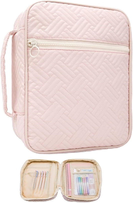 Bible Cover Case For Women,Large Bible Bag with Study Supplies,Pink Quilted Bible Carrying Case for Girls,Portable Bible Case with Highlighter, Pens,Tabs,Bible Study Gifts for Women
