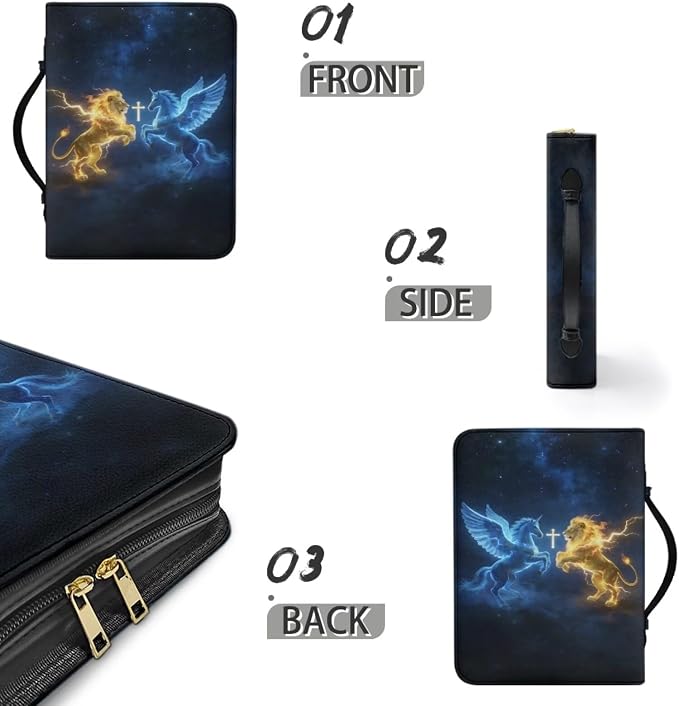 Leather Bible Cover Case for Men PU Bible Case with Bookmark Church Bag Book Carrying Case Pegasus Lion Cross Print Bible Covers